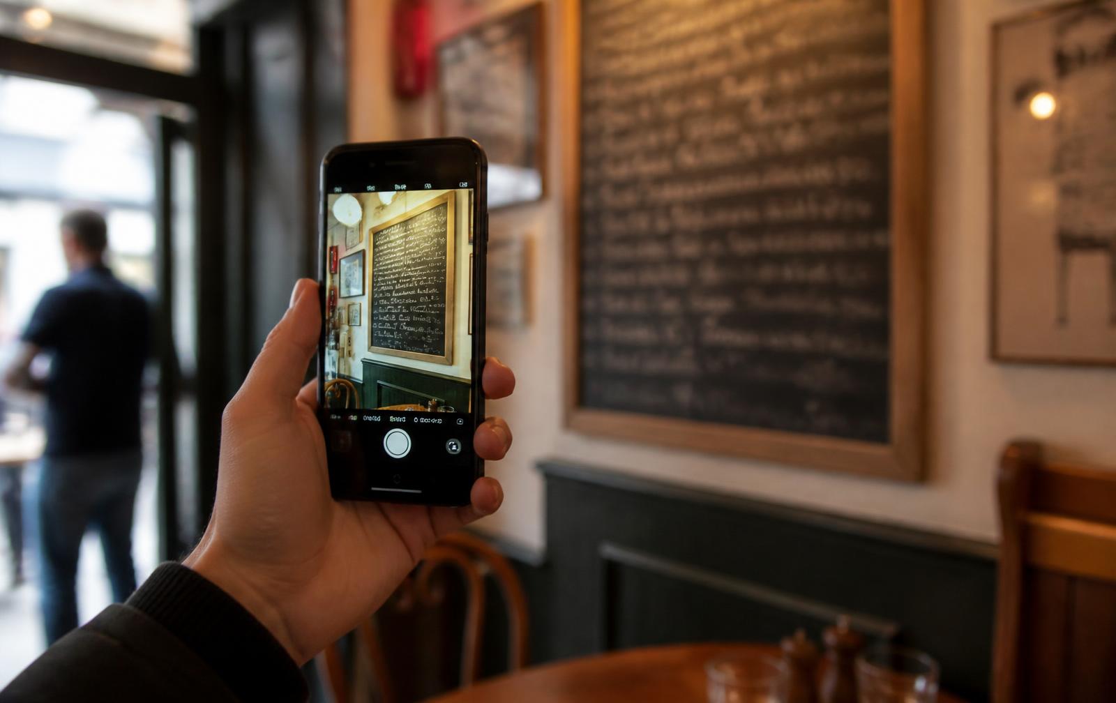 Phone camera pointed at a handwritten cafe menu board to translate it