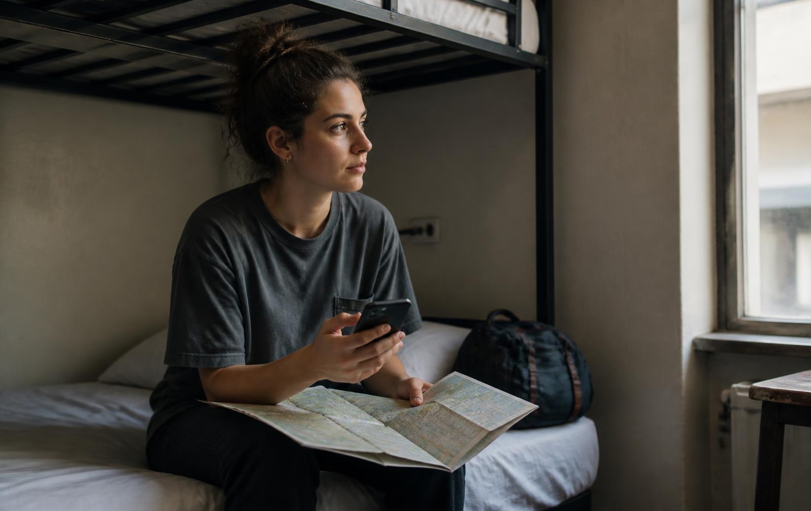 Traveller planning a trip with a phone and a paper map
